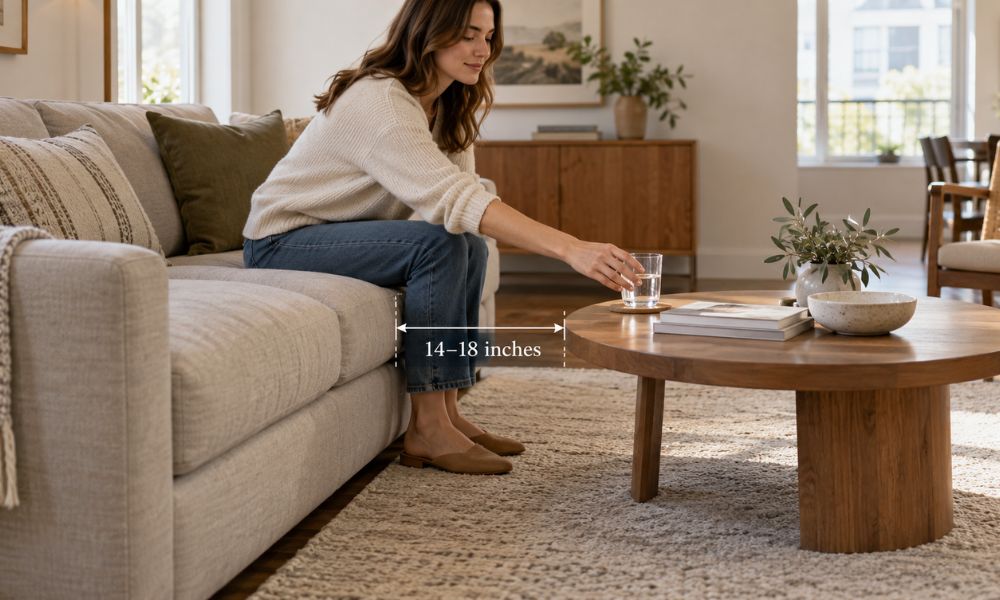 Round wooden coffee table positioned 14 to 18 inches from a sofa, with measurement arrows showing the recommended spacing.