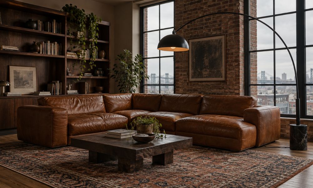 Curved arc floor lamp extending over a large sectional sofa, providing warm lighting while keeping its base outside the seating area.