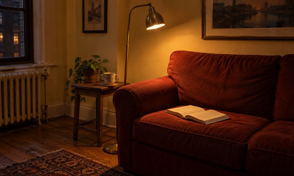 Brass floor lamp behind a burgundy sofa arm, casting warm reading light over an open book in a cozy apartment.