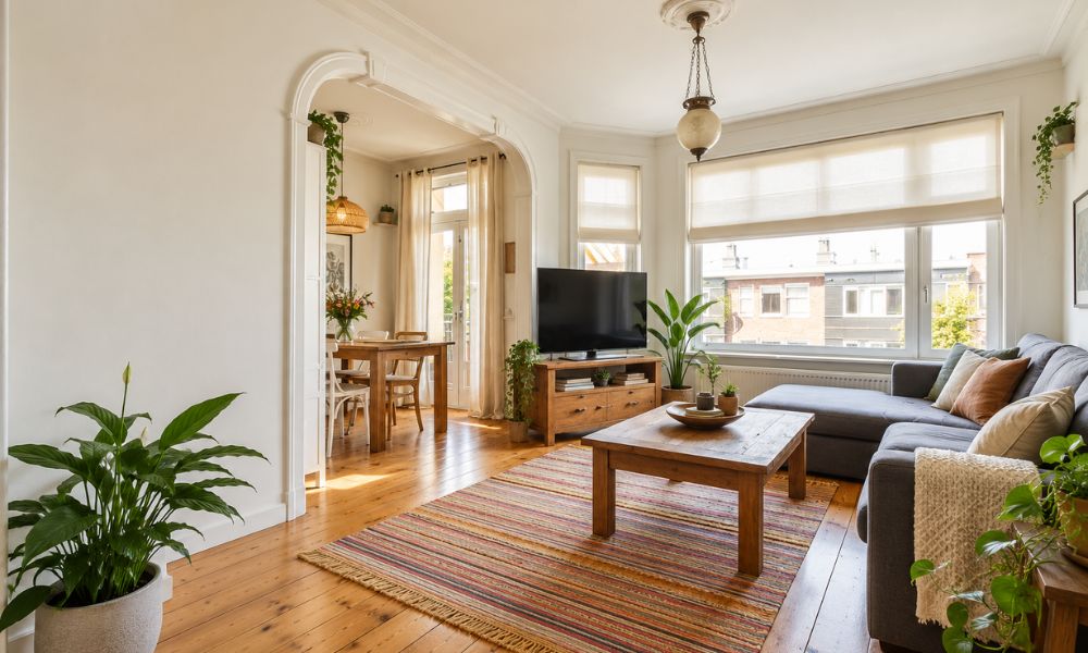 Bright small living room with a low gray sectional sofa beneath large windows, allowing natural light to enter and keeping the outdoor view visible.