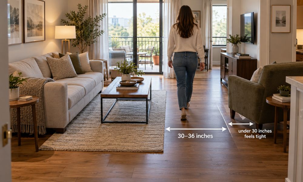 Woman walking through a small living room with arrows showing a recommended 30–36-inch walkway and a tighter space near an armchair.