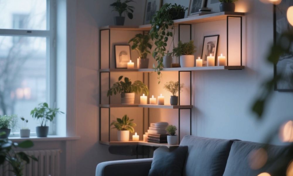 Open living room shelves displaying books and decorative objects with empty space for a clean, uncluttered look.
