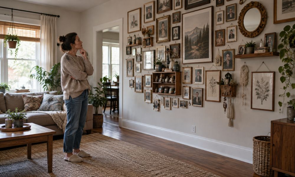 Woman thoughtfully examining a living room wall crowded with framed pictures and decorations despite the open floor space.