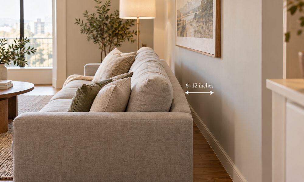 Beige sofa positioned 6 to 12 inches from the wall, with measurement arrows highlighting the gap in a small modern living room.