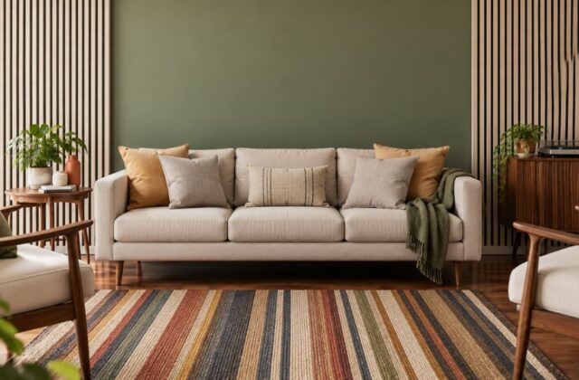 Beige sofa against an olive-green wall, with wooden armchairs and a striped rug