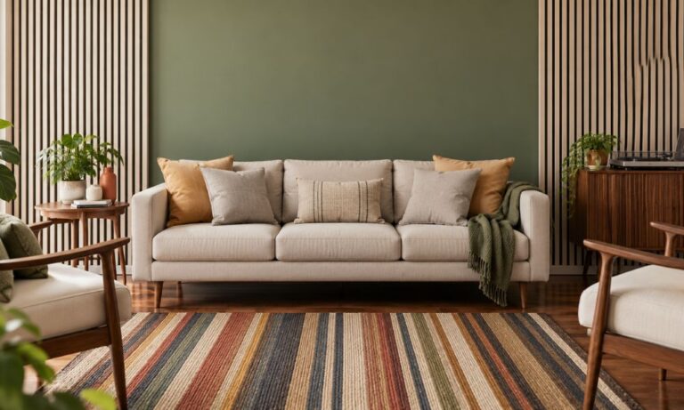 Beige sofa against an olive-green wall, with wooden armchairs and a striped rug