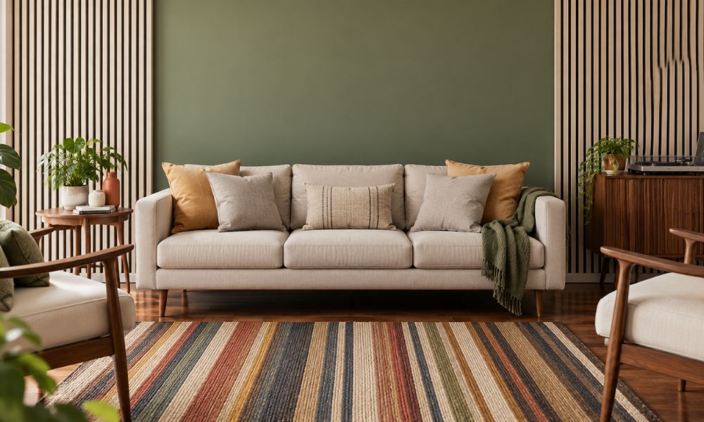 Beige sofa against an olive-green wall, with wooden armchairs and a striped rug