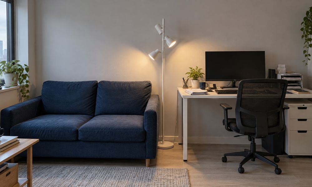 Slim floor lamp with adjustable heads positioned between a compact home office desk and a sofa in a small apartment.
