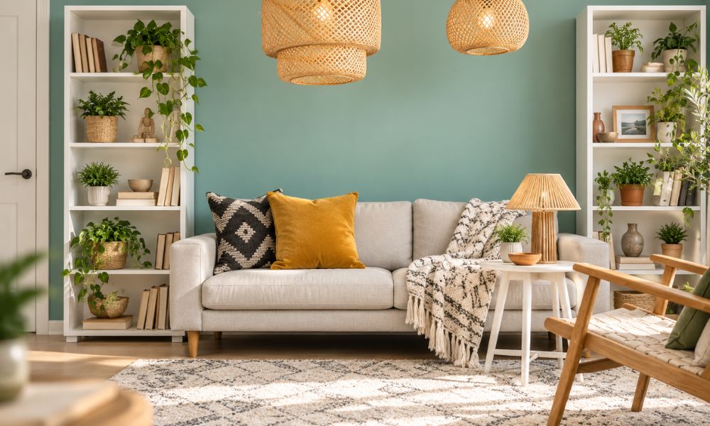 Small living room with tall white bookshelves flanking a beige sofa, using vertical wall space for books, plants, and decorative storage.