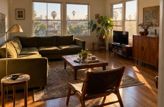 Sunlit Los Angeles apartment living room with an olive-green sectional sofa, vintage wooden furniture, and a floor lamp beside the sofa