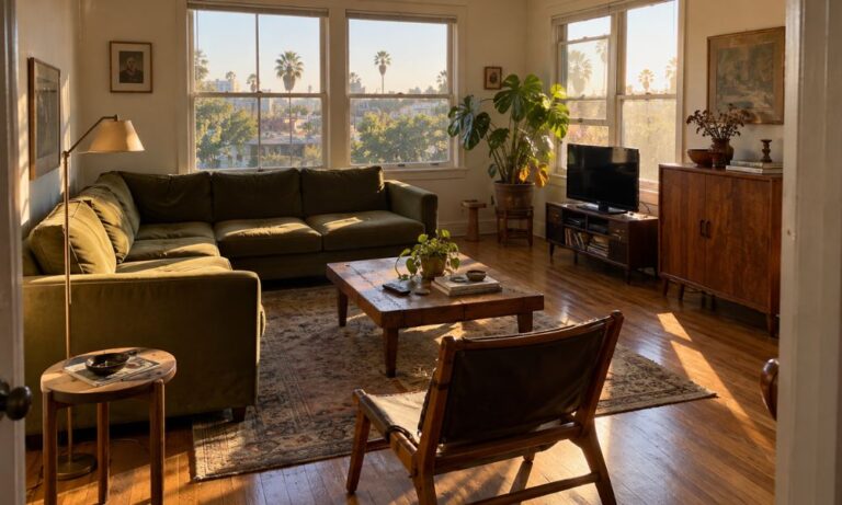 Sunlit Los Angeles apartment living room with an olive-green sectional sofa, vintage wooden furniture, and a floor lamp beside the sofa