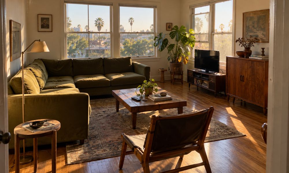 Sunlit Los Angeles apartment living room with an olive-green sectional sofa, vintage wooden furniture, and a floor lamp beside the sofa