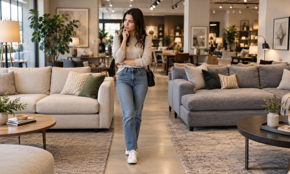 Thoughtful woman comparing a beige sofa and a gray sectional in a modern furniture showroom