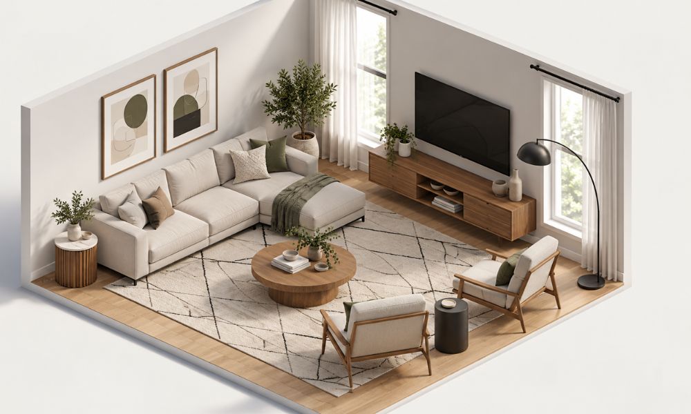 Spacious living room layout with a sectional sofa, two armchairs and a large area rug connecting the seating arrangement.
