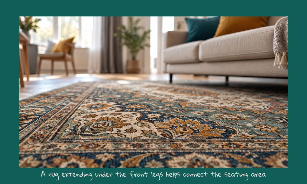 Patterned area rug extending beneath the front legs of a beige sofa