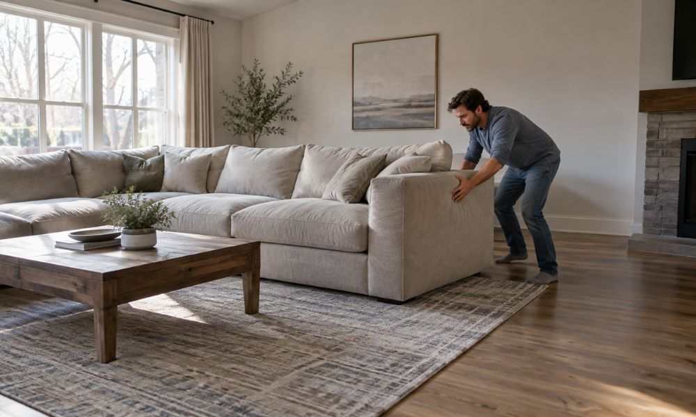 Man pushing an oversized beige sofa in a living room with a wooden coffee table and open floor space.