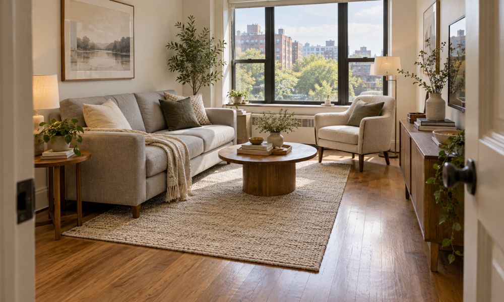 Small living room with a light gray sofa, round wooden coffee table, and armchair arranged to maintain a clear walkway.