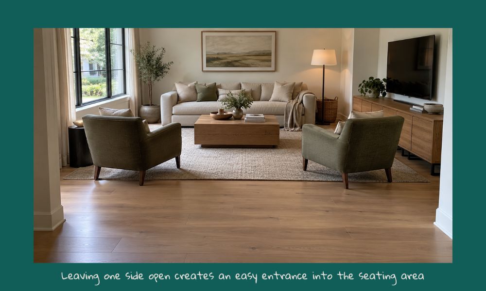 Beige sofa and two armchairs around a coffee table, with an open entrance to the seating area