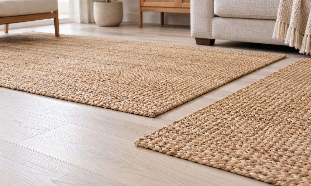 Two separate natural jute rugs in a modern living room with light wooden floors, a beige sofa, and neutral furniture.
